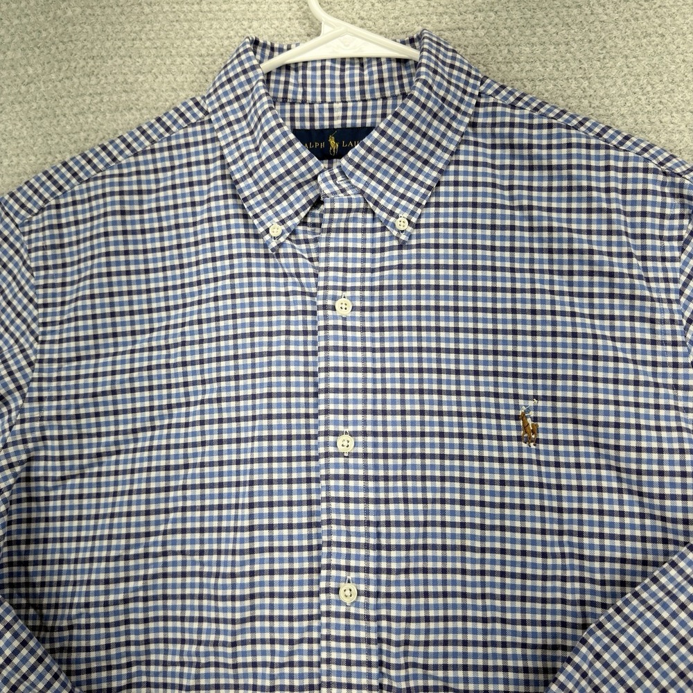 Ralph Lauren Shirt Mens Large Blue Check Plaid Button Down L/S Flesh Pony